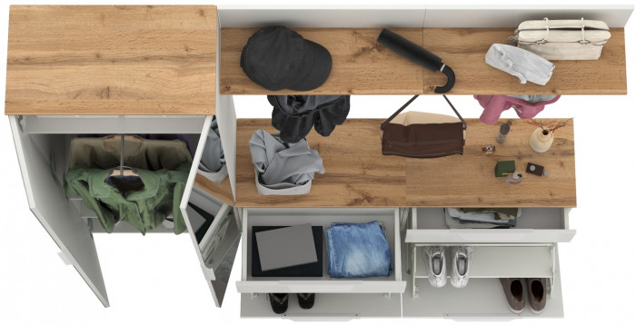 Октава Прихожая 32, цвет белый шагрень/дуб крафт золотой/фасады МДФ белый шагрень, ШхГхВ 194,2х35,4х197,6 см., универсальная сборка