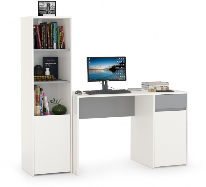 Торонто 12.149 Стол + 13.13 Шкаф комбинированный, белый шагрень/стальной серый
