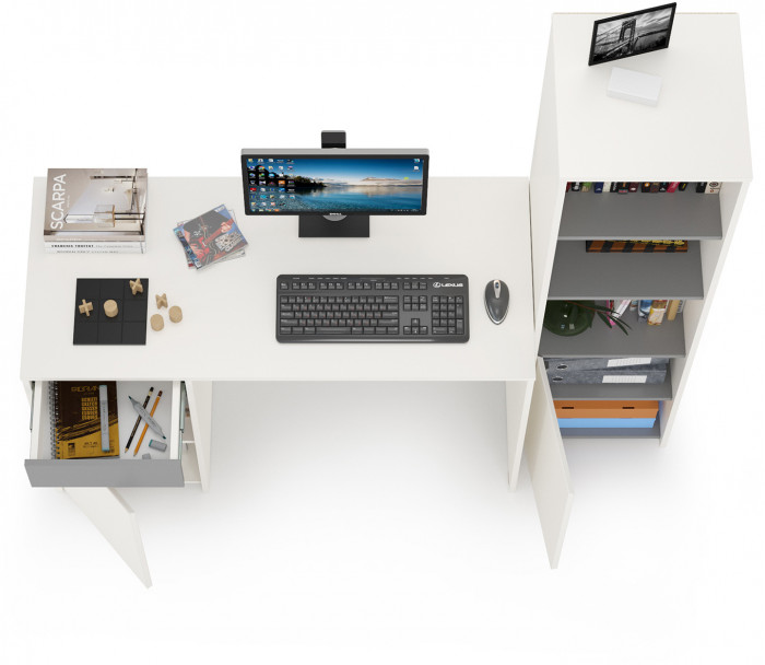 Торонто 12.149 Стол + 13.13 Шкаф комбинированный, белый шагрень/стальной серый