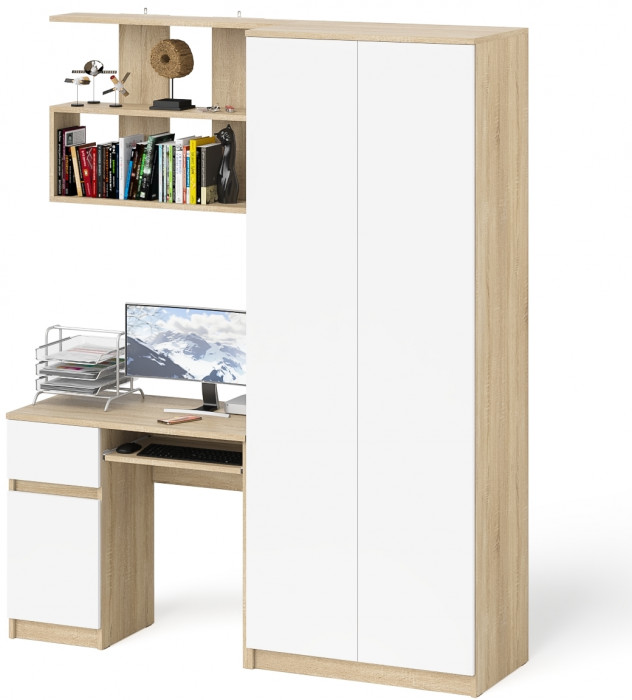 Мори компьютерный стол МС-1 левый + Шкаф МШ800.1 + Полка 900, дуб сонома/белый