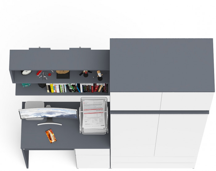 Мори компьютерный стол МС-1 правый + Шкаф МШ900.1 + Антресоль МА900.1 + Полка 900, графит/белый