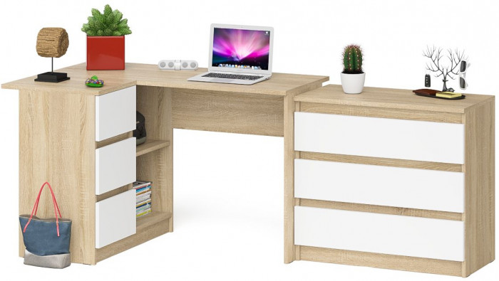Мори компьютерный стол МС-16 левый + Комод МК800.1, дуб сонома/белый