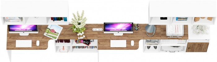 Лидер-8 Стол + Полка + Стол + Полка + Тумба МД 3.19, цвет белый шагрень/крафт золото, ШхГхВ 370х50/30х75 см. или 230х50/120х75 см., НЕ универс. сборка