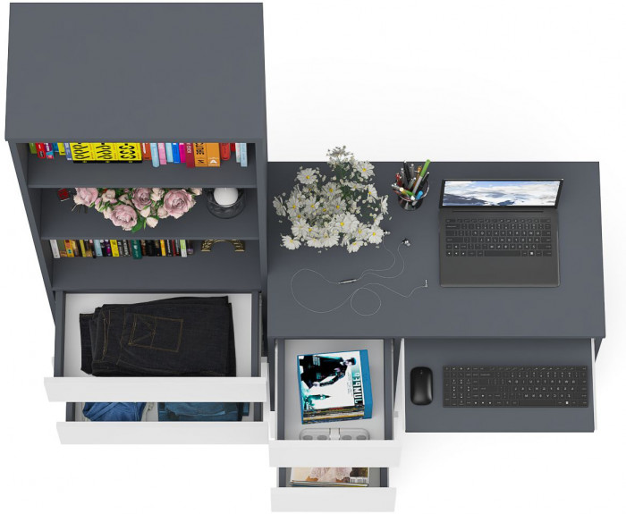 Мори компьютерный стол МС-6 левый + Стеллаж МСТ600.3, графит/белый