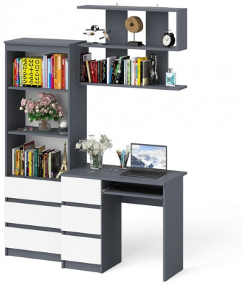 Мори Стол компьютерный МС-6 левый + Стеллаж МСТ600.3 + Полка 900, цвет графит/белый, ШхГхВ 150,4х50х209,6 см., НЕ универсальная сборка