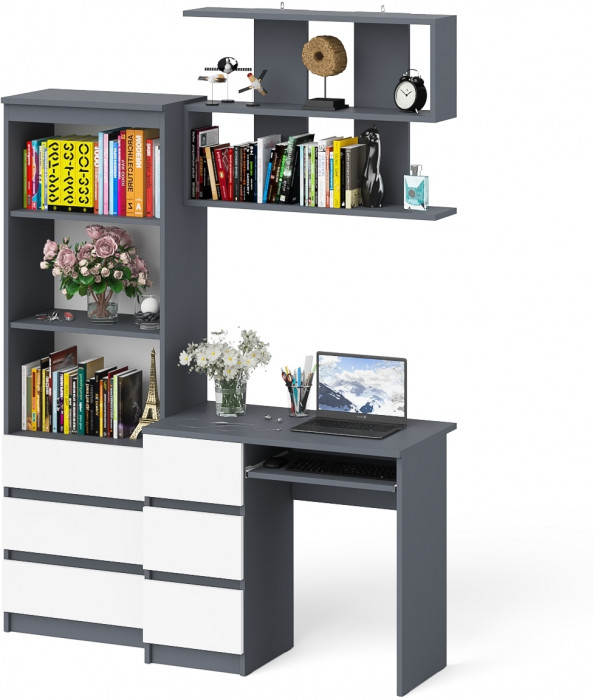 Мори Стол компьютерный МС-6 левый + Стеллаж МСТ600.3 + Полка 900, цвет графит/белый, ШхГхВ 150,4х50х209,6 см., НЕ универсальная сборка