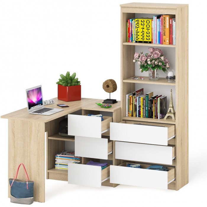 Мори компьютерный стол МС-16 правый + Стеллаж МСТ600.3, дуб сонома/белый
