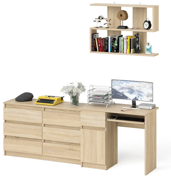 Мори Стол компьютерный МС-1 левый + Комод МК1200.6 + Полка 900, цвет дуб сонома, ШхГхВ 210,4х50х209,6 см., НЕ универсальная сборка