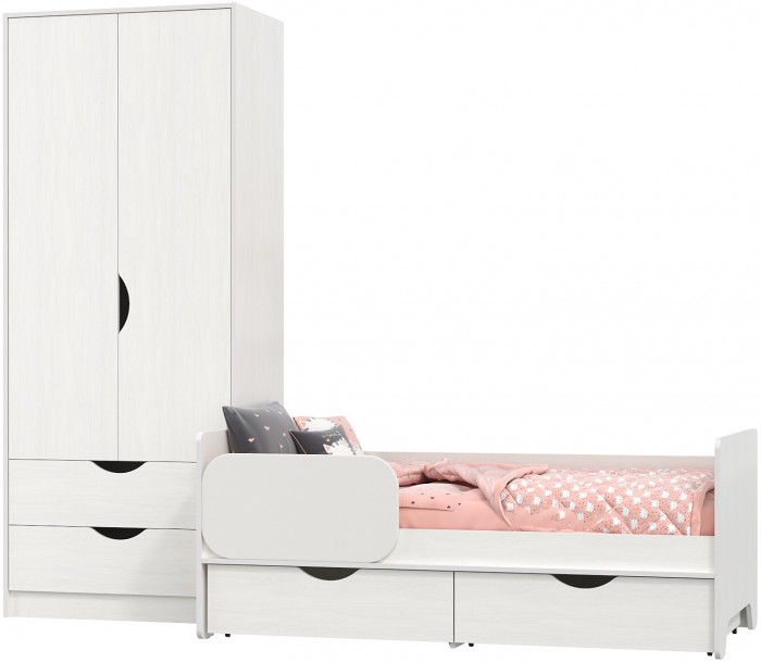 КР100 Уна 11.22 Кровать с ящиками + 13.327 Шкаф для одежды, цвет белый(структура Поры дерева), сп. м. 800х1600 мм., б/м, основание есть