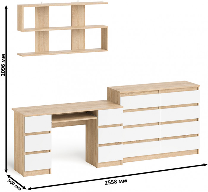 Мори компьютерный стол МС-2 + Комод МК1200.8 + Полка 1200, дуб сонома/белый
