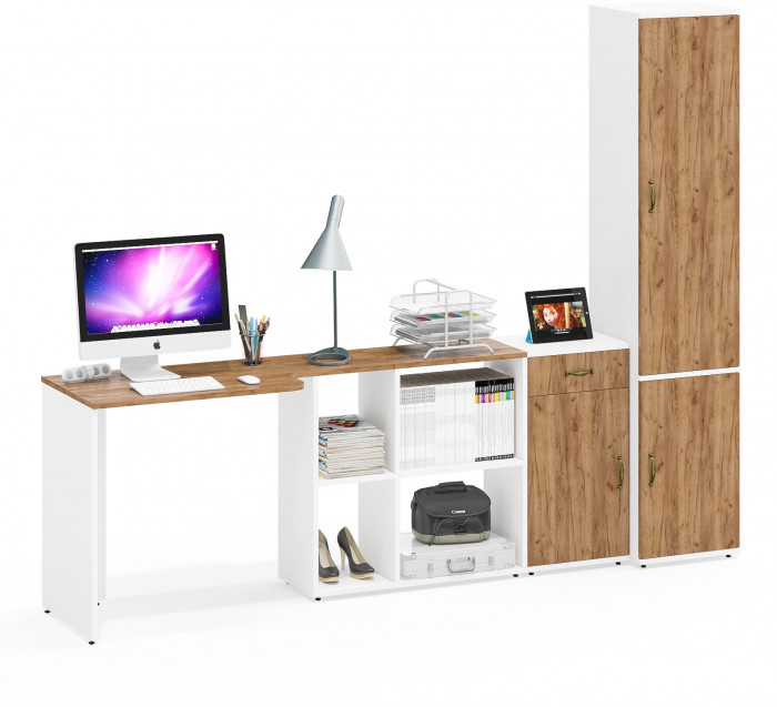 Лидер-8 Стол + Тумба МД 3.15 + Пенал МД 22Б, белый шагрень/крафт золото