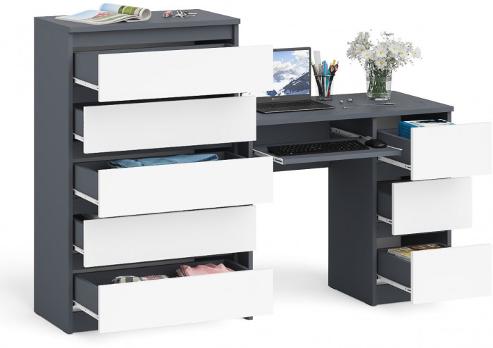 Мори компьютерный стол МС-6 правый + Комод МК700.5, графит/белый