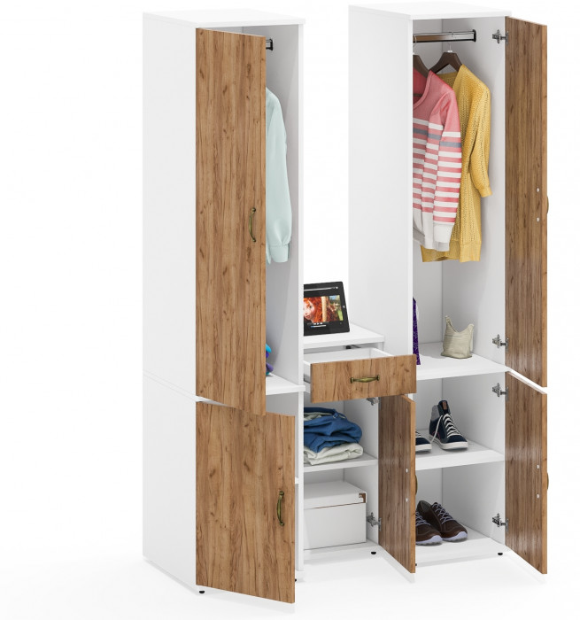 Лидер-8 Пенал МД 23Б + Пенал МД 23Б + Тумба МД 3.15, цвет белый шагрень/крафт золото, ШхГхВ 120х50х190 см., универсальная сборка