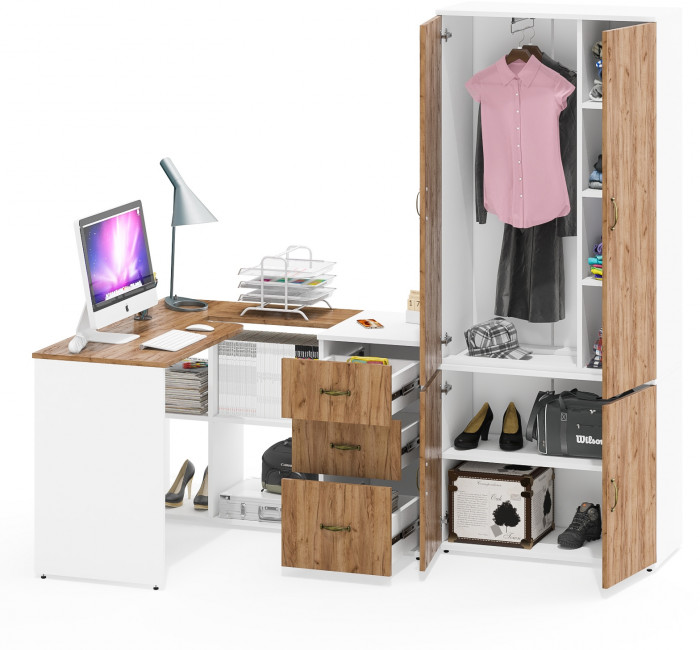 Лидер-8 Стол + Тумба МД 3.16 + Шкаф МД 19Б, цвет белый шагрень/крафт золото, ШхГхВ 285х50/50х75/190 или 115х200/50х75/190 см., НЕ ун. сборка