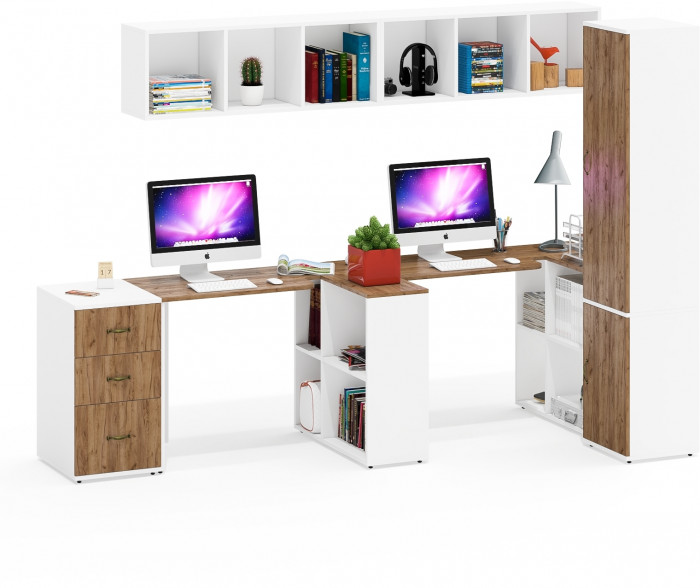 Лидер-8 Стол + Полка + Стол + Полка + Пенал МД 21Б + Тумба МД 3.16, цвет белый шагрень/крафт золото, 410х50/37,5х75/190 или 270х120/50х75/, НЕ ун. сб.