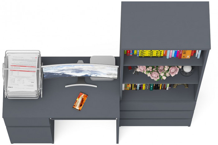 Мори Стол компьютерный МС-1 левый + Стеллаж МСТ600.3, цвет графит, ШхГхВ 150,4х50х179,6 см., выдвижной ящик слева, НЕ универсальная сборка