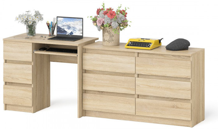 Мори Стол компьютерный МС-6 левый + Комод МК1200.6, цвет дуб сонома, ШхГхВ 210,4х50х76,6 см., выдвижные ящики слева, НЕ универсальная сборка