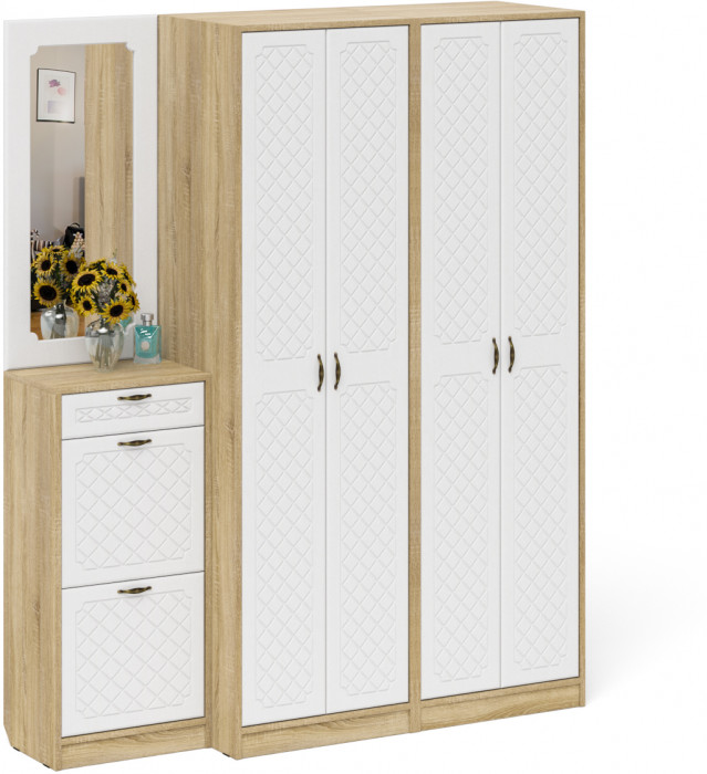 Прихожая П-6 Компоновка № 14, дуб сонома/фасады МДФ белое дерево фрезеровка ромб