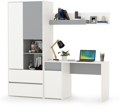 Торонто 12.149 Стол + 13.333 Шкаф для одежды + 16.475 Полка, белый шагрень/стальной серый