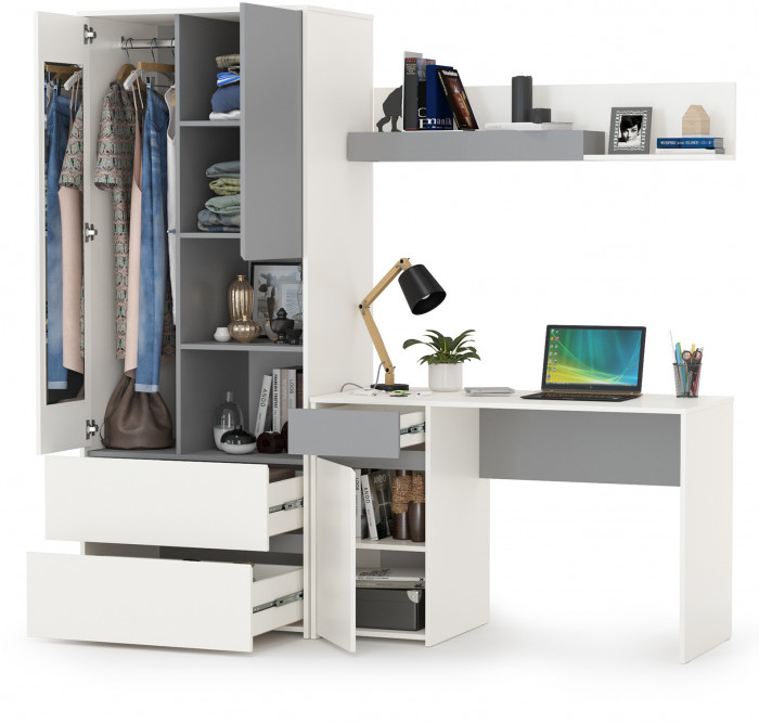 Торонто 12.149 Стол + 13.333 Шкаф для одежды + 16.475 Полка, белый шагрень/стальной серый