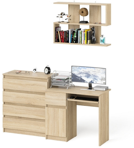 Мори компьютерный стол МС-1 левый + Комод МК800.4 + Полка 900, дуб сонома