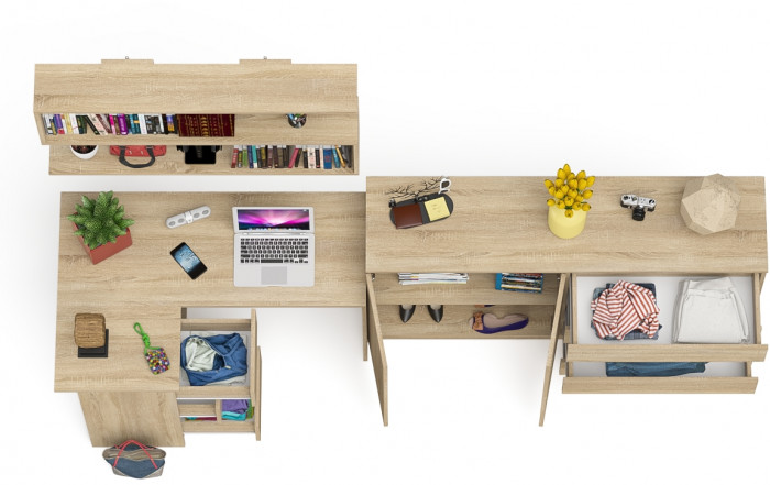 Мори компьютерный стол МС-16 левый + Комод МК1600.1 + Полка 1200, дуб сонома