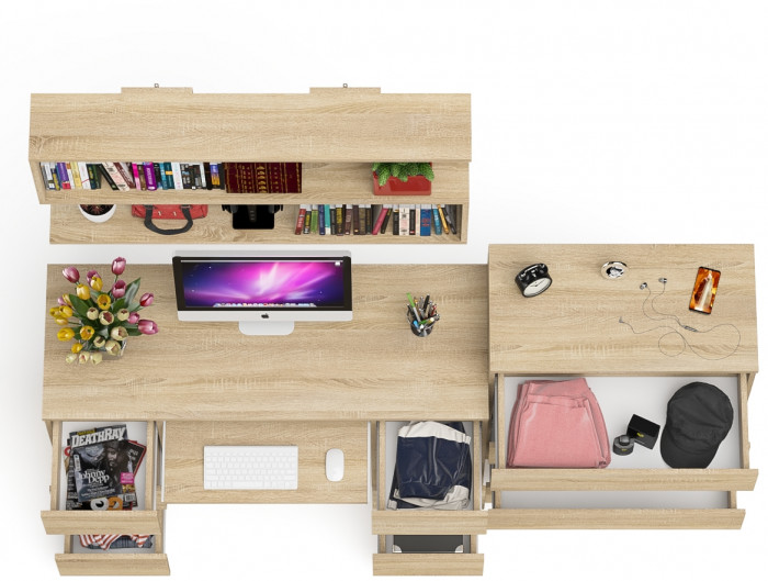 Мори компьютерный стол МС-2 + Комод МК800.4 + Полка 1200, дуб сонома