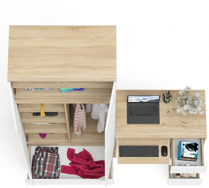 Мори компьютерный стол МС-6 правый + Шкаф МШ900.1 + Антресоль МА900.1, дуб сонома/белый