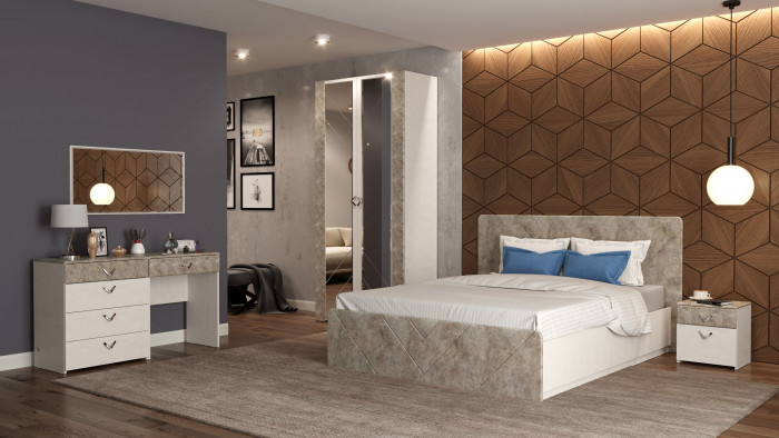 Амели Кровать 11.31 + подъёмный ортопед + тумбочка, цвет шёлковый камень/бетон чикаго беж, ШхГхВ 222,4х205,2х104,3 см., сп. м. 1600х2000 мм., б/м