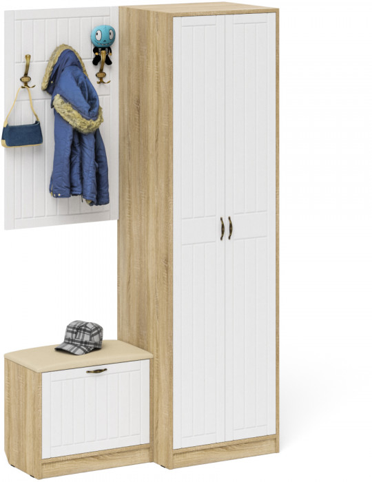 Прихожая П-6 Компоновка № 12, цвет дуб сонома/фасады МДФ белое дерево фрезеровка прованс, ШхГхВ 120х50х210 см., универсальная сборка