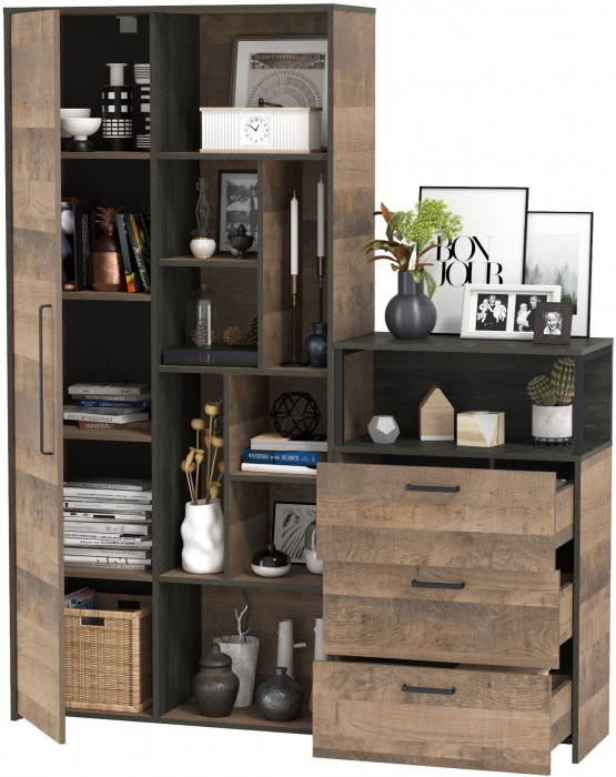 Трувор 13.206 Шкаф-стеллаж + 13.307.02 Комод с ящиками, цвет дуб гранж песочный/интра, ШхГхВ 159х37х194,2 см., универсальная сборка