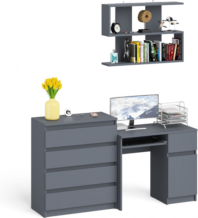 Мори компьютерный стол МС-1 правый + Комод МК800.4 + Полка 900, графит