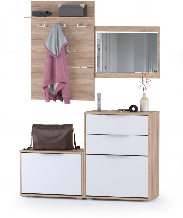 Куба Прихожая 4, обувница 13.58 + Вешалка 10.122 + обувница 13.113 + Зеркало, цвет дуб сонома/белый премиум, ШхГхВ 130х38,3х210,6 см., ун. сборка