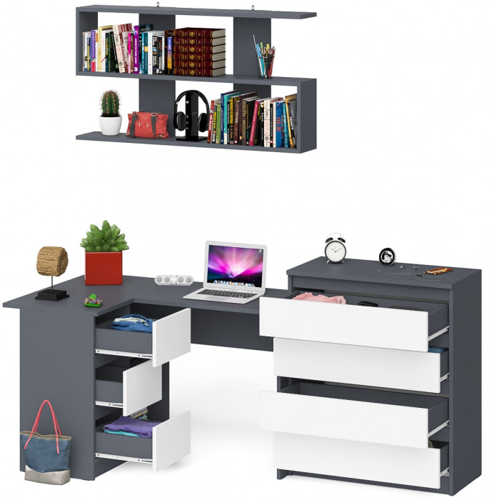 Мори компьютерный стол МС-16 левый + Комод МК800.4 + Полка 1200, графит/белый