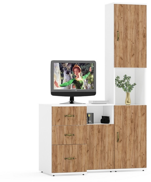 Лидер-8 Пенал + Тумба МД 3.16 + Тумба МД 3.19, цвет белый шагрень/крафт золото, ШхГхВ 120х50х190 см., универсальная сборка