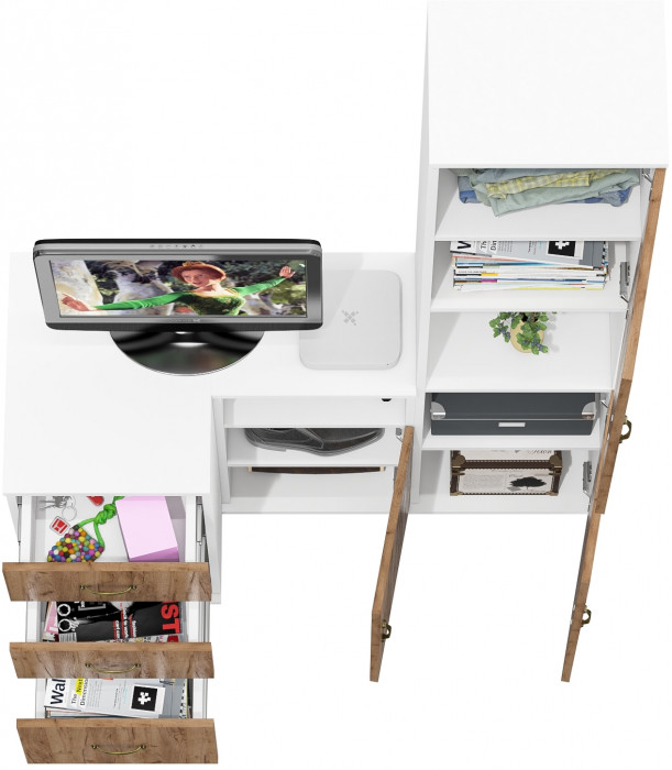 Лидер-8 Пенал + Тумба МД 3.16 + Тумба МД 3.19, цвет белый шагрень/крафт золото, ШхГхВ 120х50х190 см., универсальная сборка