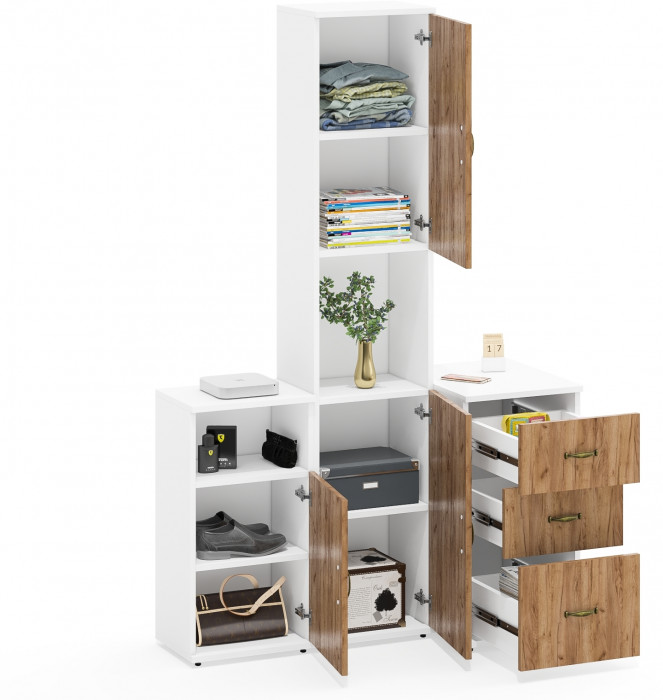 Лидер-8 Пенал + Тумба МД 3.16 + Тумба МД 3.19, цвет белый шагрень/крафт золото, ШхГхВ 120х50х190 см., универсальная сборка