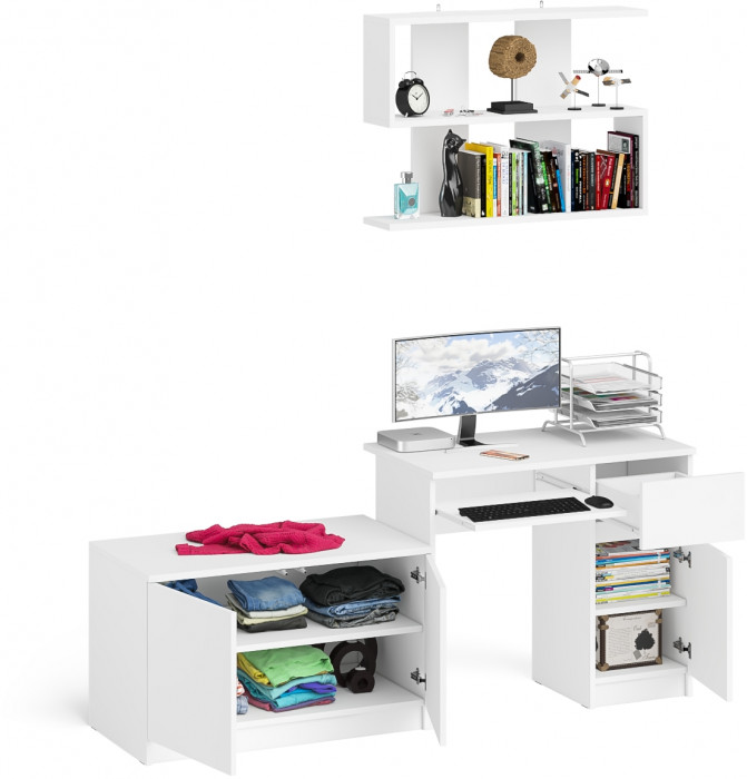 Мори Стол компьютерный МС-1 правый + Тумба МА900.1 + Полка 900, цвет белый, ШхГхВ 180,4х50,4х209,6 см., НЕ универсальная сборка