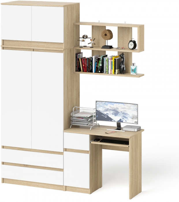 Мори компьютерный стол МС-1 левый + Шкаф МШ900.1 + Антресоль МА900.1 + Полка 900, дуб сонома/белый
