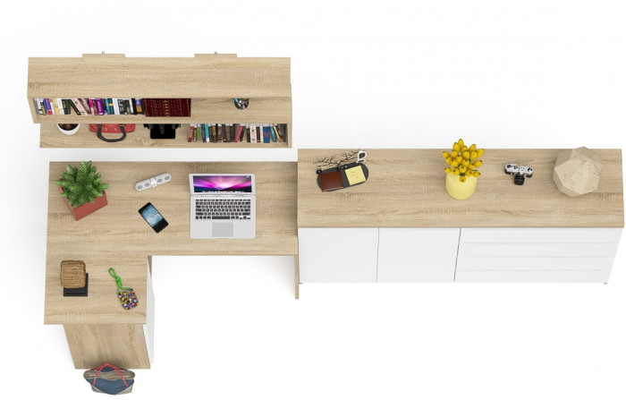 Мори компьютерный стол МС-16 левый + Комод МК1600.1 + Полка 1200, дуб сонома/белый