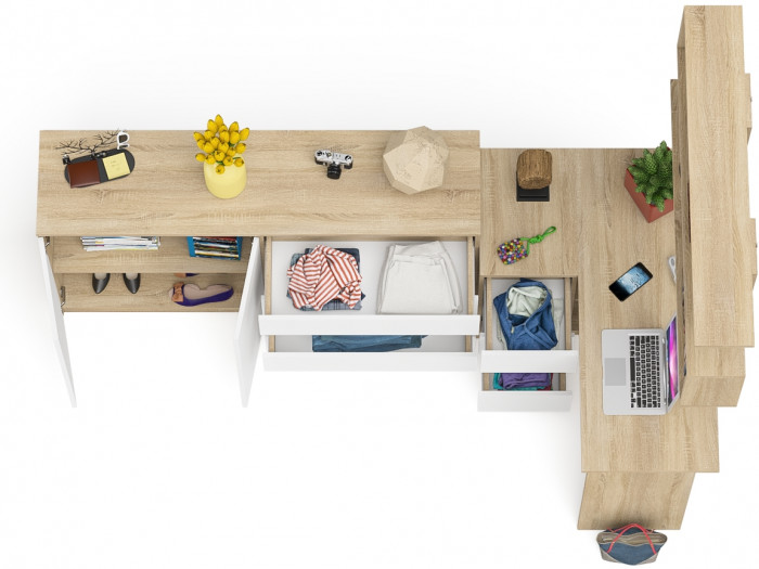 Мори компьютерный стол МС-16 левый + Комод МК1600.1 + Полка 1200, дуб сонома/белый