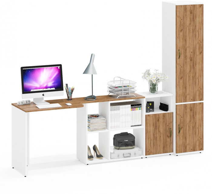 Лидер-8 Стол + Тумба МД 3.19 + Пенал МД 21Б, цвет белый шагрень/крафт золото, ШхГхВ 245х50/37,5х75/190 или 115х160/50х75/190 см., НЕ ун. сборка