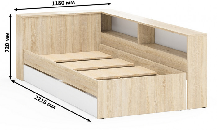 Ксения Кровать с ящиками 0900 + прикроватный блок + Столик с подсветкой Сура, дуб сонома/белый