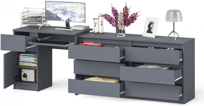 Мори компьютерный стол МС-1 левый + Комод МК1380.6, графит
