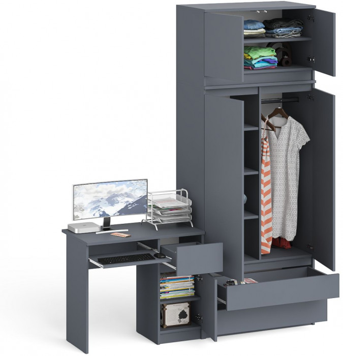 Мори компьютерный стол МС-1 правый + Шкаф МШ900.1 + Антресоль МА900.1, графит