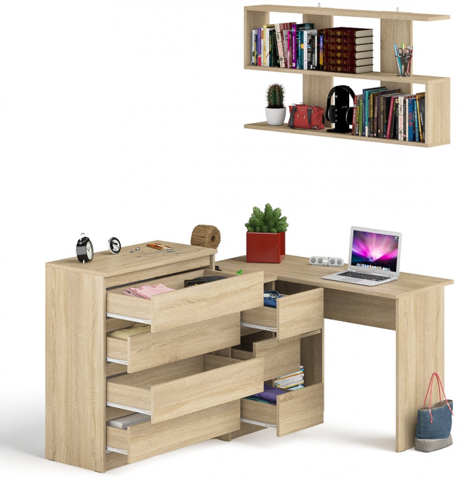 Мори компьютерный стол МС-16 левый + Комод МК800.4 + Полка 1200, дуб сонома