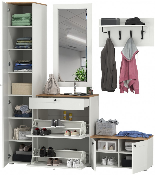 Остин Прихожая 45, цвет белый шагрень/дуб крафт золотой, ШхГхВ 200х54,3х229,6 см., универсальная сборка