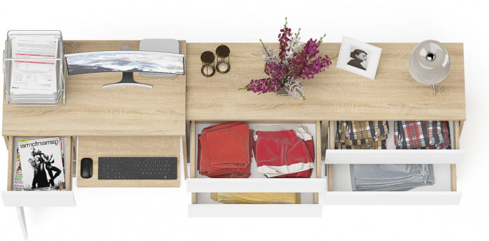 Мори компьютерный стол МС-1 левый + Комод МК1380.6, дуб сонома/белый