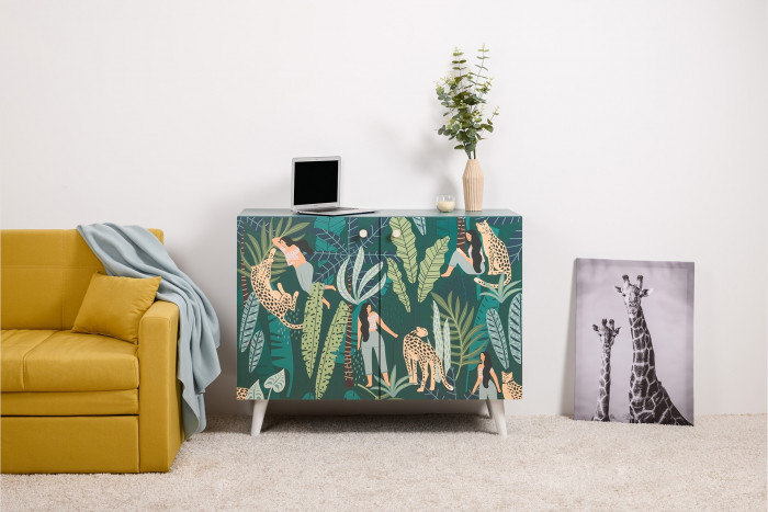 Либера Комод-тумба 16.230.01, цвет пасифай/белый, ШхГхВ 115,3х42,6х92,3 см., фасады с рисунком Тропический лес, две дверки