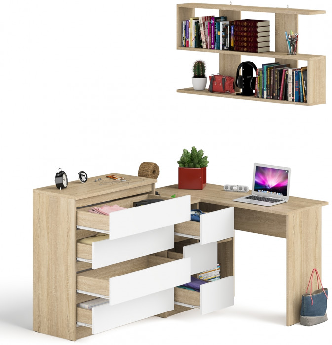 Мори компьютерный стол МС-16 левый + Комод МК800.4 + Полка 1200, дуб сонома/белый